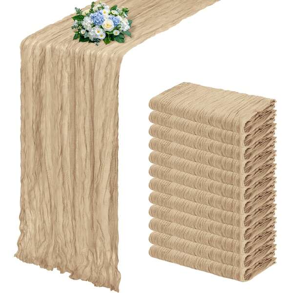 6/12 Pack Beige Cheesecloth Table Runner 17x108 Inch Semi Sheer Boho Gauze Cheese Cloth Fabric Table Runners, For Wedding Party Birthday Home Decor Garden Farmhouse