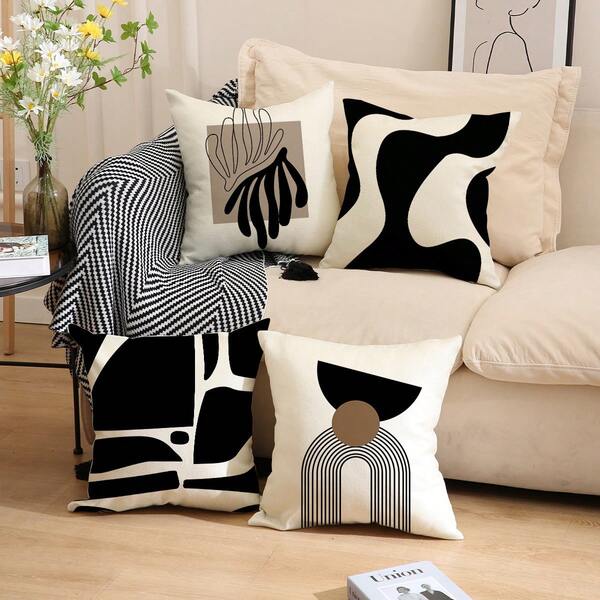 4pcs Bohemian Abstract Style Pillow Covers, Black & Beige Geometric Pattern Cushion Covers, Modern Decorative Sofa Living Room Throw Pillow Covers